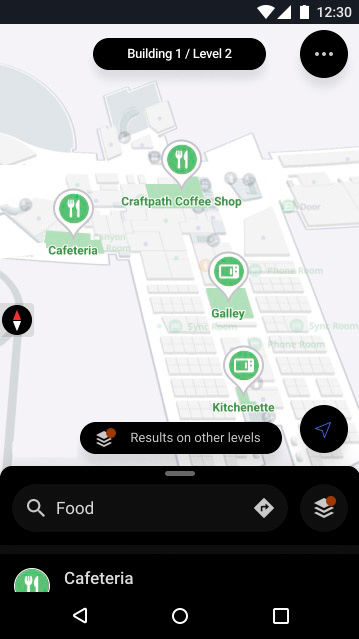  indoor positioning showing nearby food options in dark mode