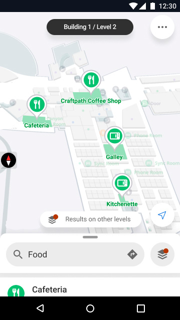 indoor positioning showing nearby food options in light mode