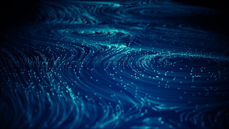 Motion of digital data flow with dark blue background and teal pixel