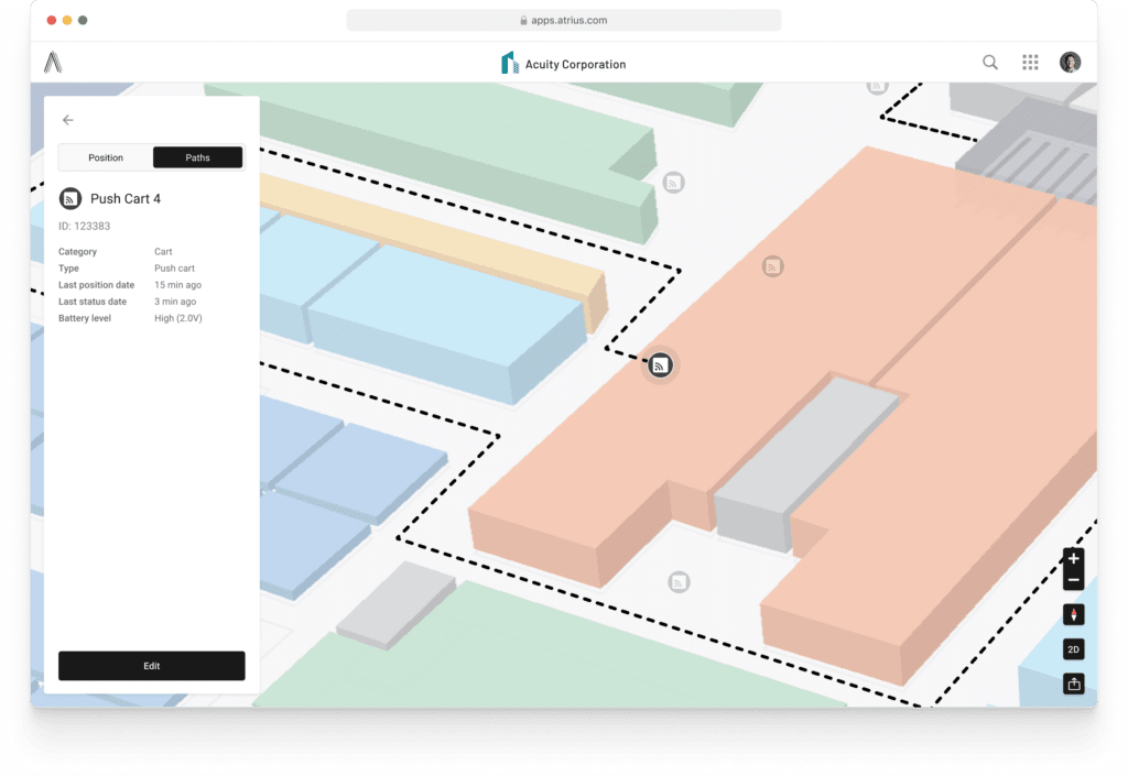 screenshot of location services and tracking at a warehouse with Atrius.