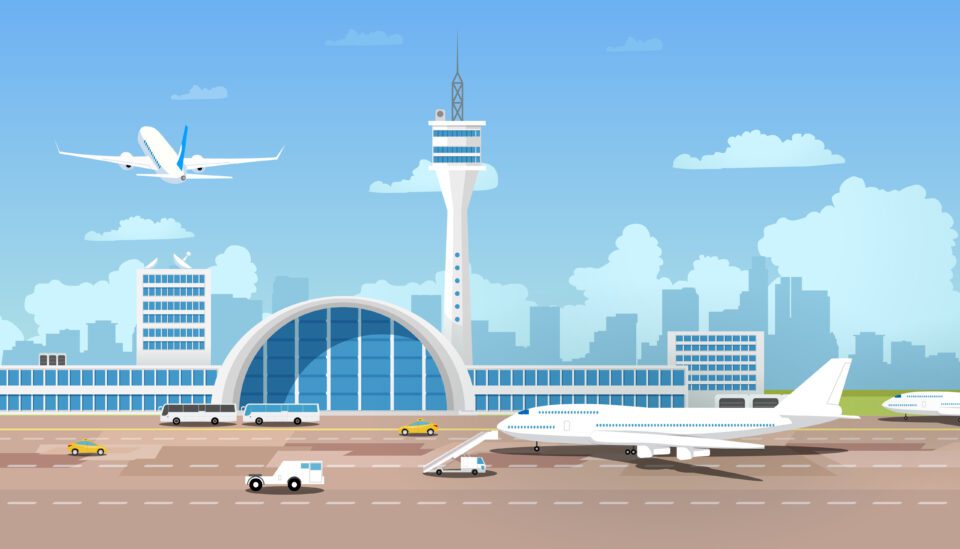 Cartoon image of airport with airplane taking off from runway with taxis and buses dropping off passengers nearby