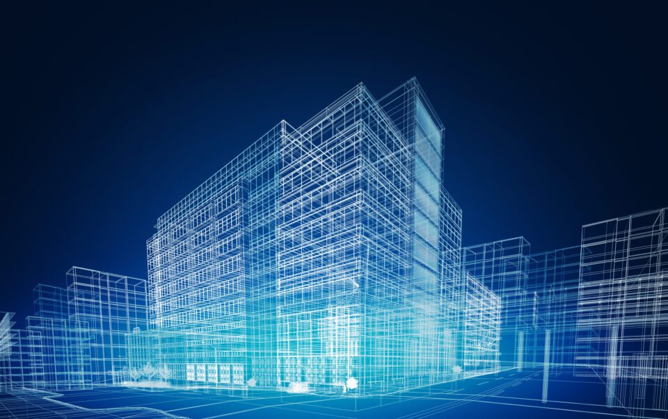 digital twin rendering with blue background with white outlines of buildings