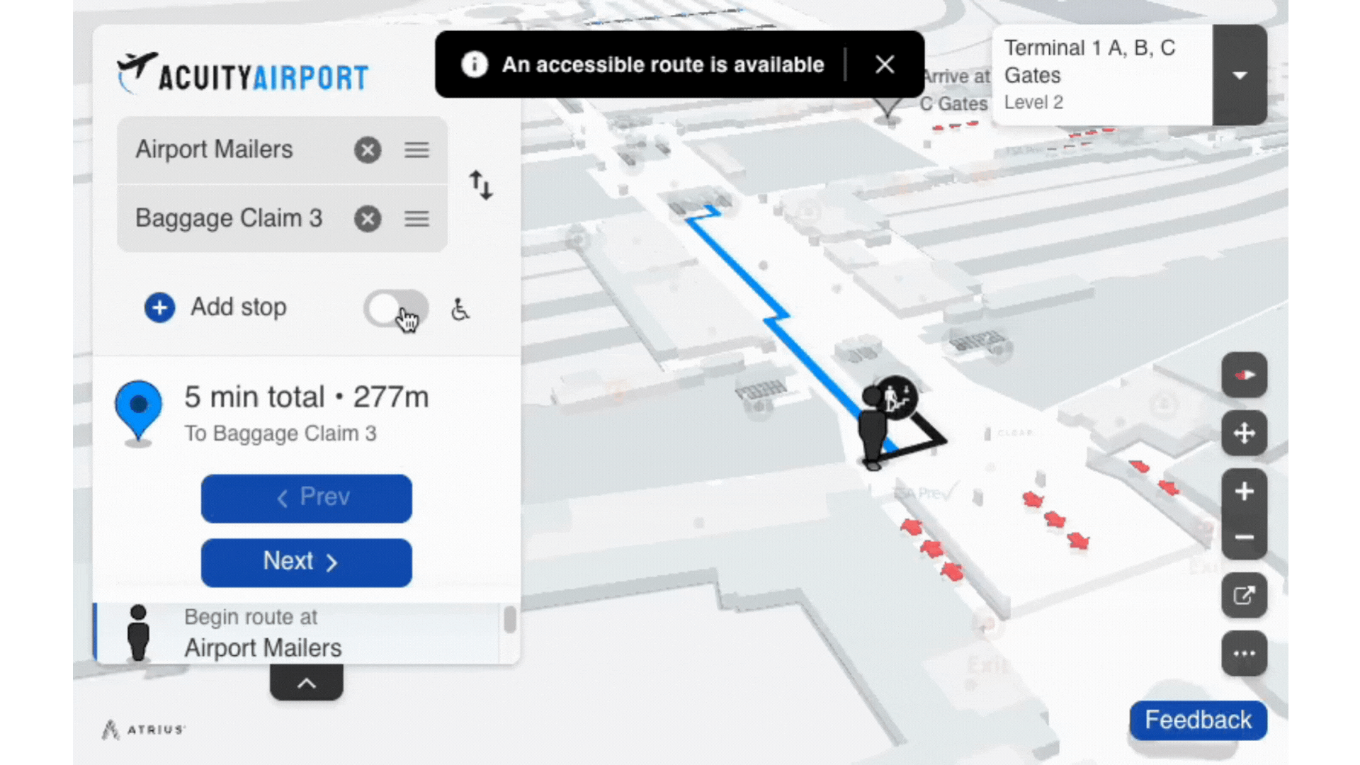 An Atrius Wayfinder map navigating a user from Airport Mailers to Baggage Claim 3, a total of a five minute walk.