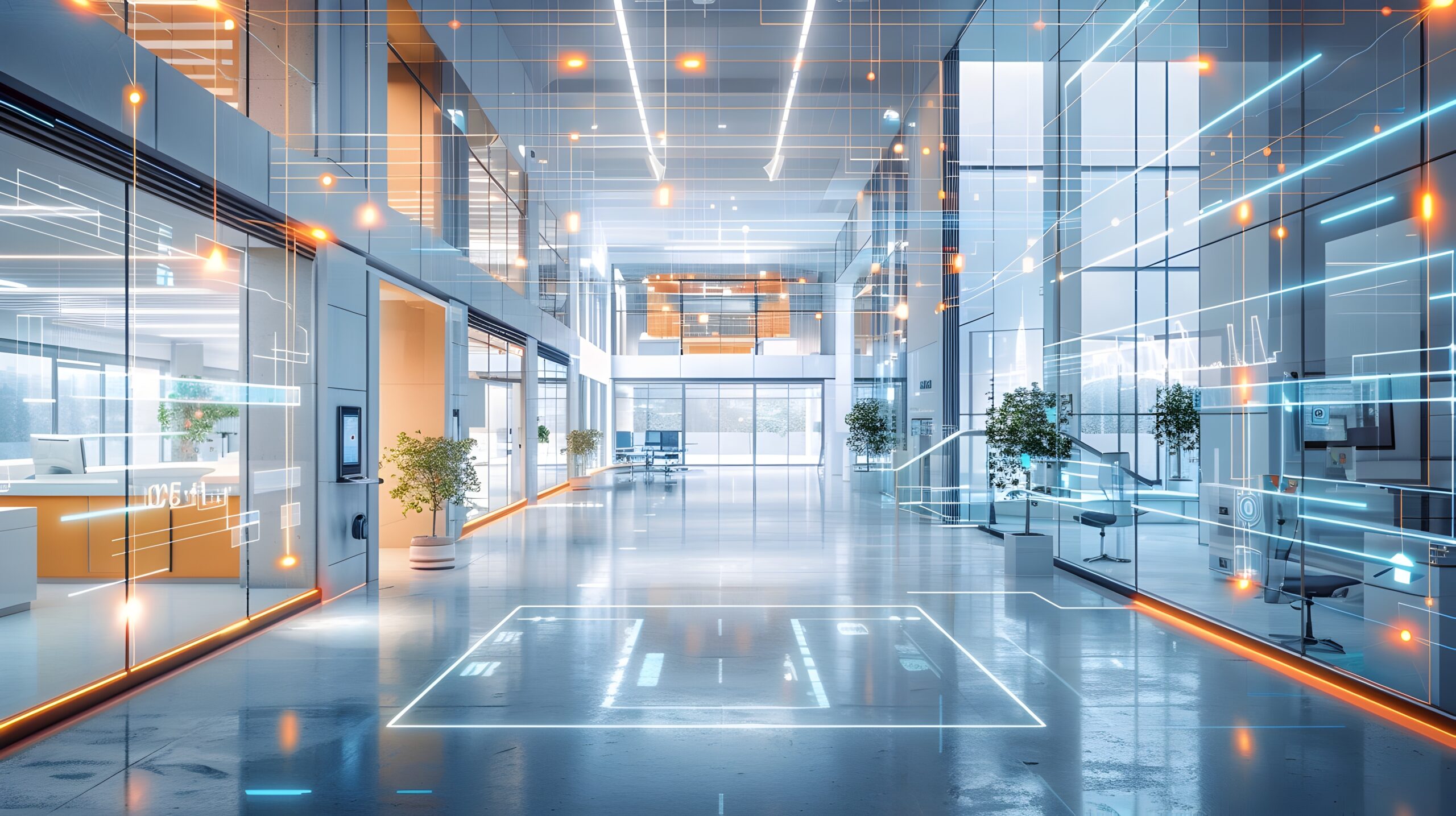 Office with abstract light throughout depicting smart building technology