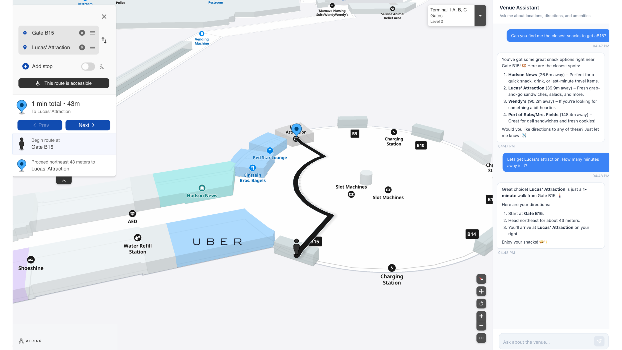 Image of AI Map Assistant showing how it can identify options and routes depending on what the traveler is looking for.