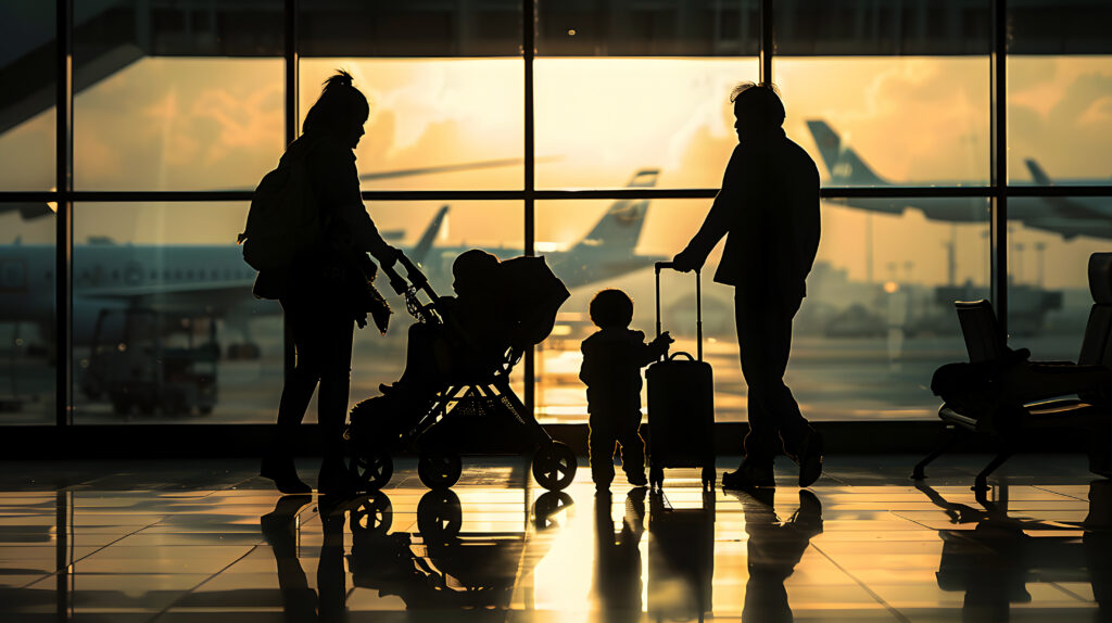 A family with a stroller moves through an airport, illustrating how step‑free routes and predictable navigation support everyday travel needs.