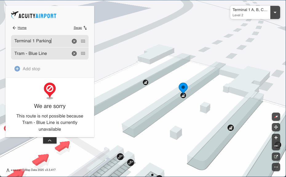 Image of an Atrius Aiport Map exploring how the feature: Dynamic Routing, can let travelers know that the route they thinking about taking is not available.
