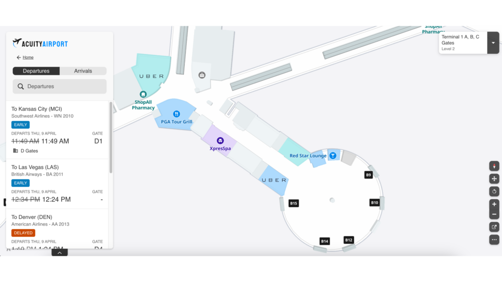 Image of Atrius Wayfinder map displaying flight time statuses on the left hand side of map.