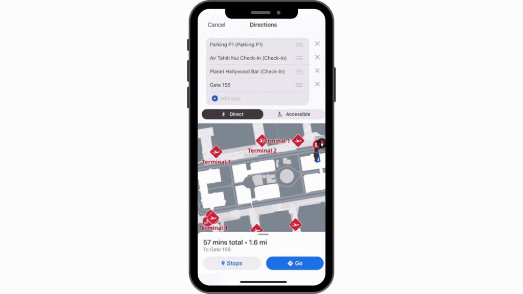 Image of a phone displaying an Atrius Wayfinder airport map, highlighting the multi-stop routing feature so travelers have the ability to add multiple stops and receive directions.