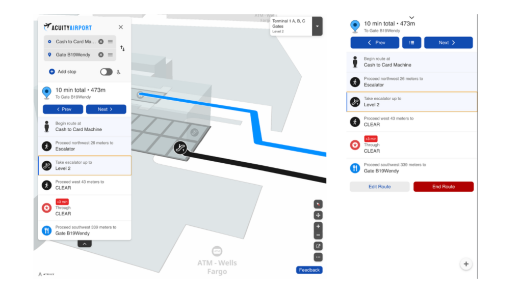 Image of an Atrius Wayfinder Airport Map displaying directions that are screen-reader friendly.