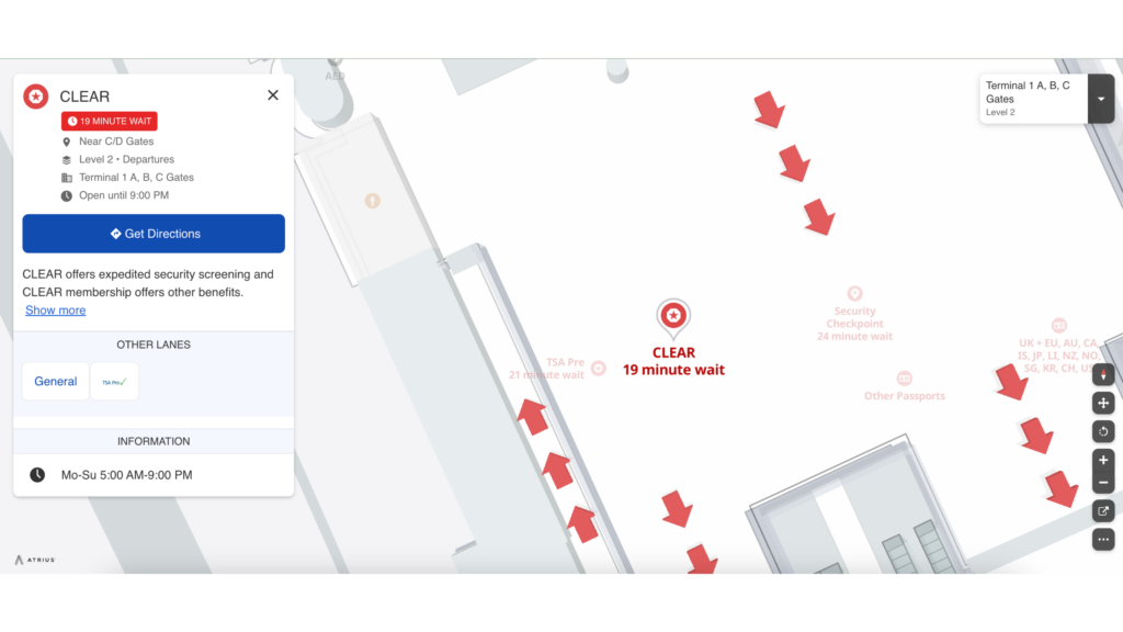 Image of an Atrius Airport Map displaying security wait times in the left hand corner